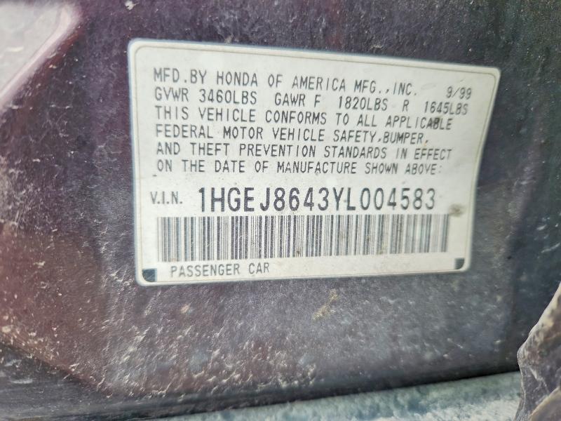 Продажа на аукционе авто 2000 Honda Civic, vin: 1HGEJ8643YL004583, номер лота: 81098755