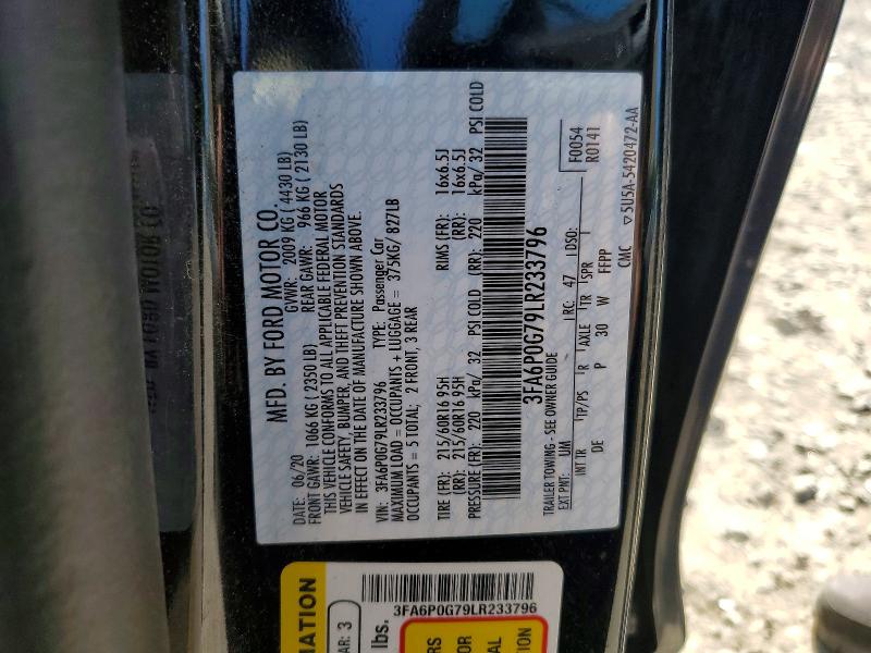 52519486 :رقم المزاد ، 3FA6P0G79LR233796 vin ، 2020 Ford Fusion مزاد بيع