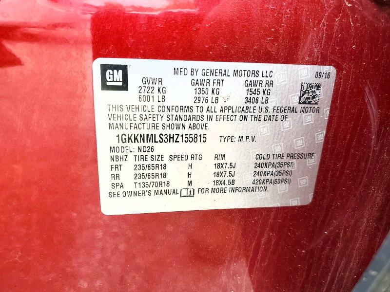 54187166 :رقم المزاد ، 1GKKNMLS3HZ155815 vin ، 2017 Gmc Acadia مزاد بيع