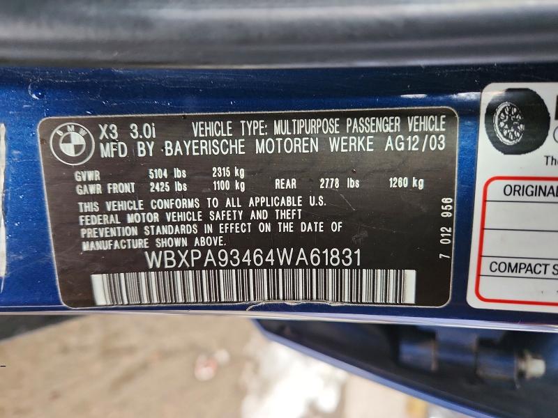 52611236 :رقم المزاد ، WBXPA93464WA61831 vin ، 2004 Bmw X3 مزاد بيع