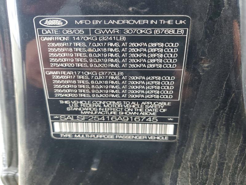 51961066 :رقم المزاد ، SALSF25416A916745 vin ، 2006 Land Rover Range Rover Sport مزاد بيع