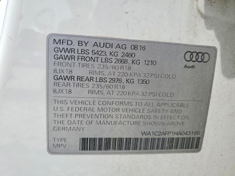 2017 Audi Q5 მანქანა იყიდება აუქციონზე, vin: WA1C2AFP1HA043165, აუქციონის ნომერი: 52386726