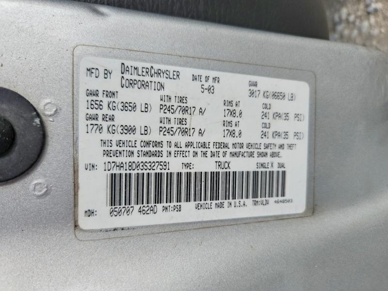 2003 Dodge Ram 1500 მანქანა იყიდება აუქციონზე, vin: 1D7HA18D03S327591, აუქციონის ნომერი: 54839376