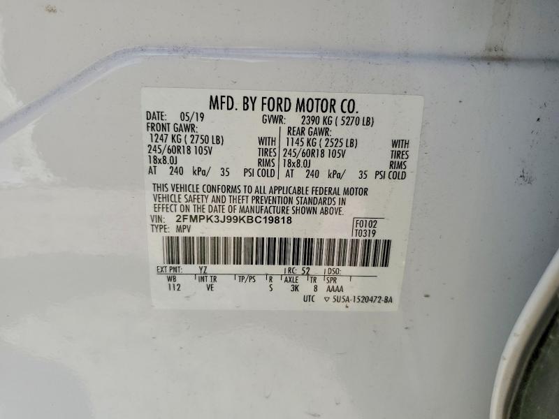 54864686 :رقم المزاد ، 2FMPK3J99KBC19818 vin ، 2019 Ford Edge مزاد بيع