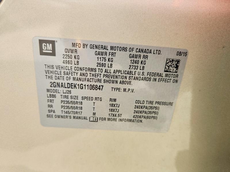 54629736 :رقم المزاد ، 2GNALDEK1G1106847 vin ، 2016 Chevrolet Equinox مزاد بيع