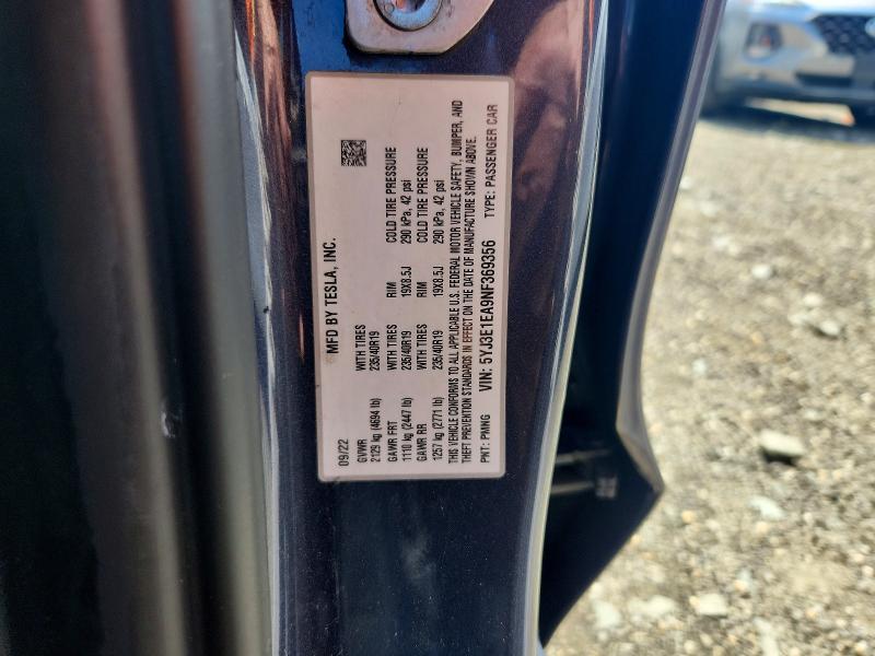 2022 Tesla Model 3 მანქანა იყიდება აუქციონზე, vin: 5YJ3E1EA9NF369356, აუქციონის ნომერი: 53782146