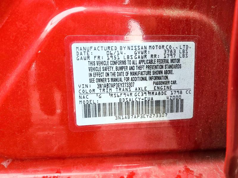 2014 Nissan Sentra მანქანა იყიდება აუქციონზე, vin: 3N1AB7AP3EY273307, აუქციონის ნომერი: 55137196