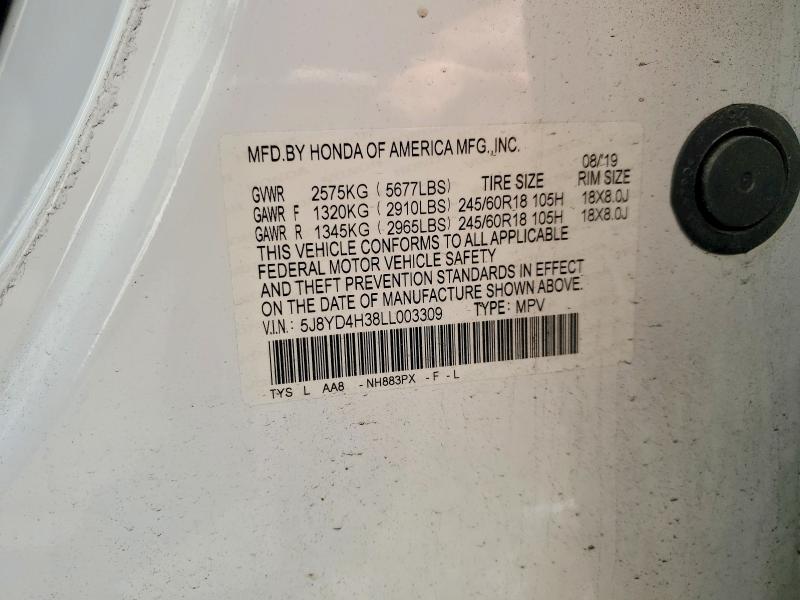 Auction sale of the 2020 Acura Mdx, vin: 5J8YD4H38LL003309, lot number: 51627336