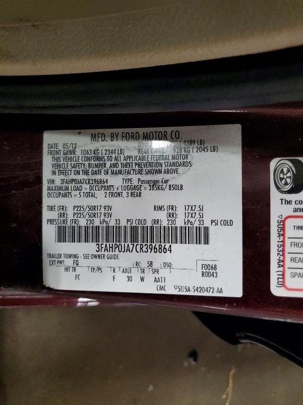 53104046 :رقم المزاد ، 3FAHP0JA7CR396864 vin ، 2012 Ford Fusion مزاد بيع