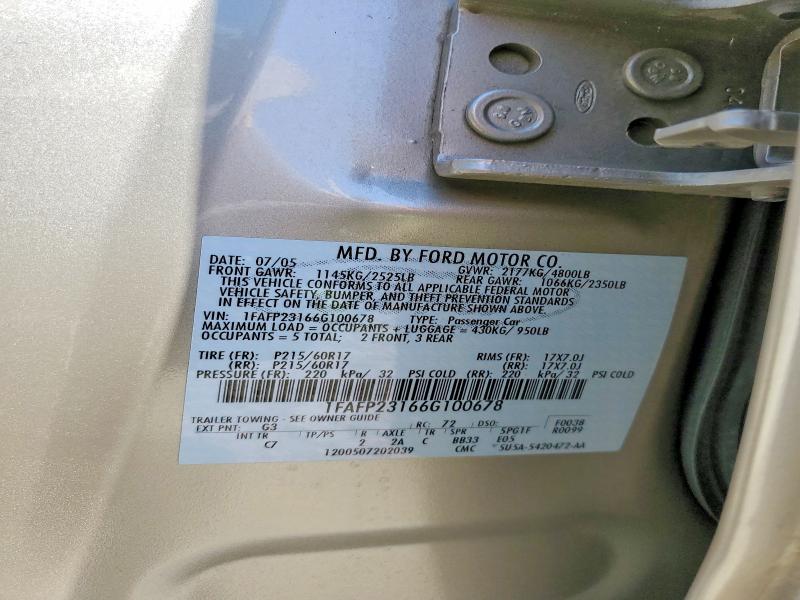 Продаж на аукціоні авто 2006 Ford Five Hundred, vin: 1FAFP23166G100678, номер лоту: 53839486