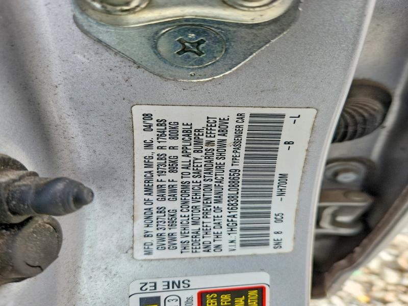 Продаж на аукціоні авто 2008 Honda Civic, vin: 1HGFA16838L088659, номер лоту: 53981396