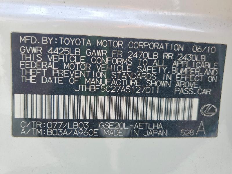 51873636 :رقم المزاد ، JTHBF5C27A5127011 vin ، 2010 Lexus Is مزاد بيع