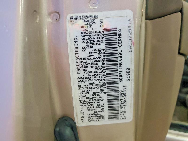 2000 Toyota Camry მანქანა იყიდება აუქციონზე, vin: 4T1BF22KXYU095264, აუქციონის ნომერი: 54401476