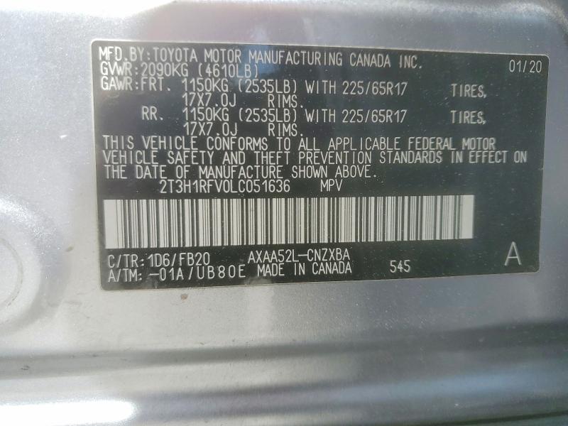 2020 Toyota Rav4 მანქანა იყიდება აუქციონზე, vin: 2T3H1RFV0LC051636, აუქციონის ნომერი: 53104866