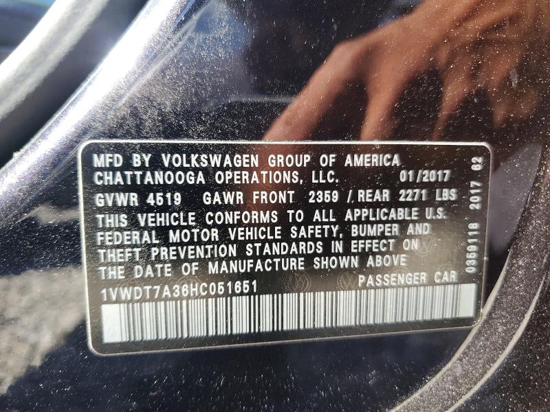 Aukcja sprzedaży 2017 Volkswagen Passat, vin: 1VWDT7A36HC051651, numer aukcji: 52730016