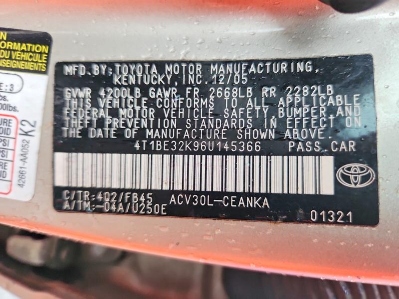 Aukcja sprzedaży 2006 Toyota Camry, vin: 4T1BE32K96U145366, numer aukcji: 53187086