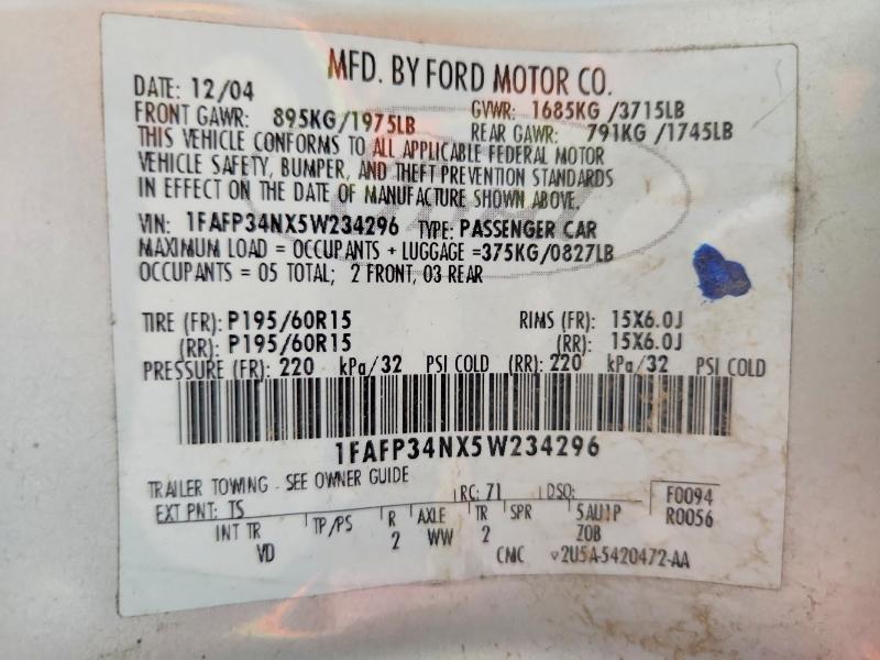 2005 Ford Focus მანქანა იყიდება აუქციონზე, vin: 1FAFP34NX5W234296, აუქციონის ნომერი: 54818936