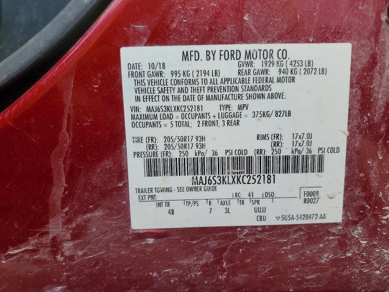 Aukcja sprzedaży 2019 Ford Ecosport, vin: MAJ6S3KLXKC252181, numer aukcji: 53028106