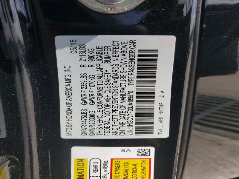 2018 Honda Accord მანქანა იყიდება აუქციონზე, vin: 1HGCV1F33JA189570, აუქციონის ნომერი: 54780556