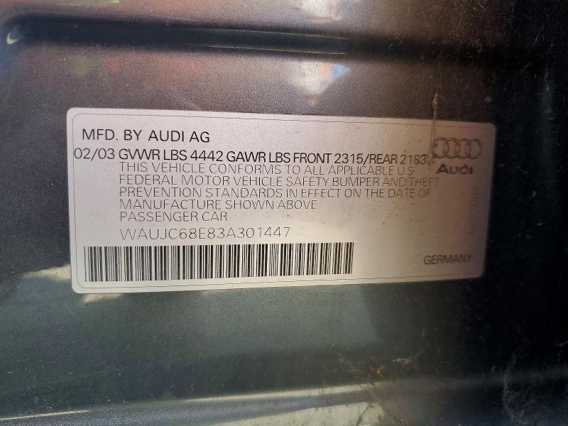 54510226 :رقم المزاد ، WAUJC68E83A301447 vin ، 2003 Audi A4 مزاد بيع