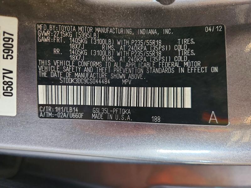 55172136 :رقم المزاد ، 5TDDK3DC9CS044484 vin ، 2012 Toyota Sienna مزاد بيع