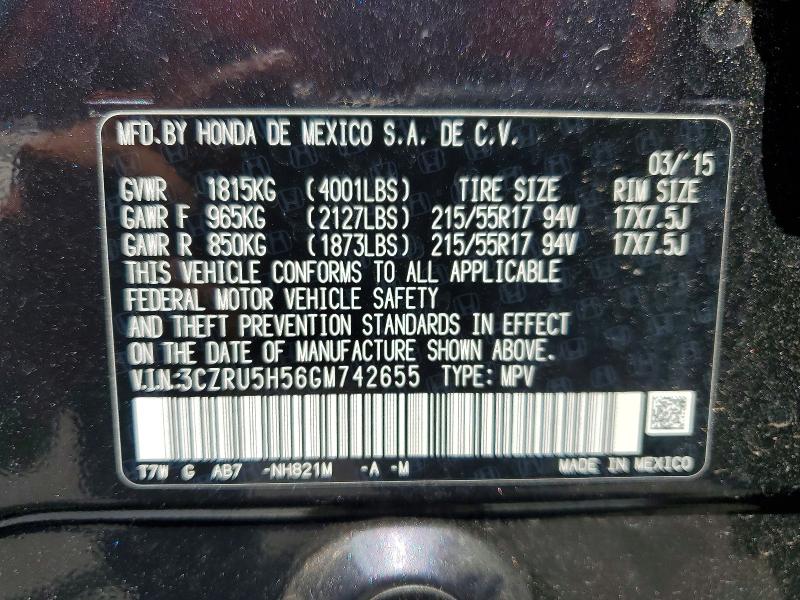 54834736 :رقم المزاد ، 3CZRU5H56GM742655 vin ، 2016 Honda Hr-v مزاد بيع