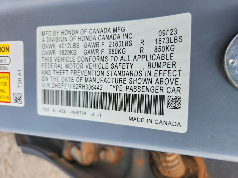 Продажа на аукционе авто 2024 Honda Civic, vin: 2HGFE1F92RH306442, номер лота: 52743656