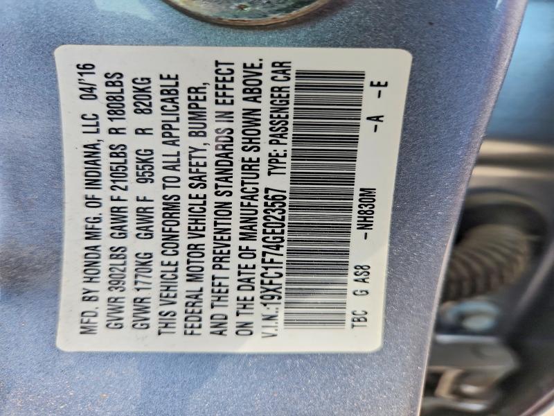 Aukcja sprzedaży 2016 Honda Civic, vin: 19XFC1F74GE023567, numer aukcji: 54065666