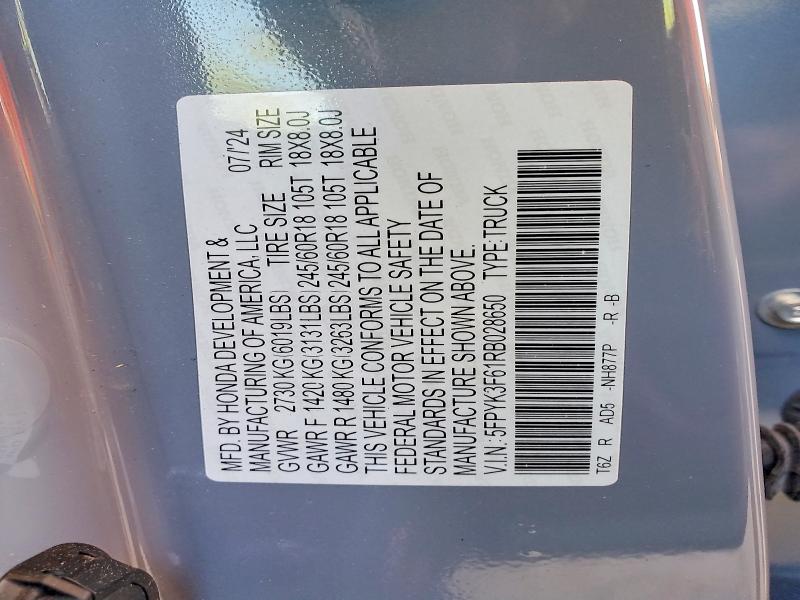 2024 Honda Ridgeline მანქანა იყიდება აუქციონზე, vin: 5FPYK3F61RB028650, აუქციონის ნომერი: 51875896