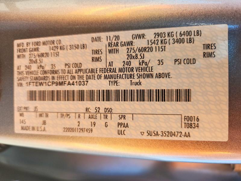 2021 Ford F150 მანქანა იყიდება აუქციონზე, vin: 1FTEW1CP9MFA41037, აუქციონის ნომერი: 53003436