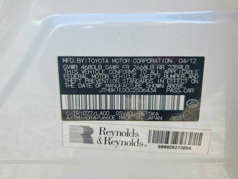 53543286 :رقم المزاد ، JTHBK1EG0C2506434 vin ، 2012 Lexus Es مزاد بيع