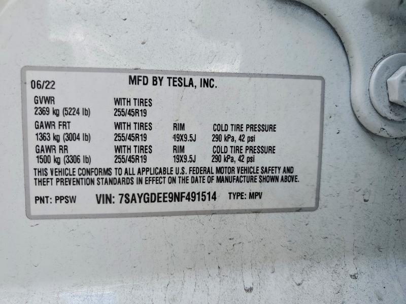 Продажа на аукционе авто 2022 Tesla Model Y, vin: 7SAYGDEE9NF491514, номер лота: 55559746