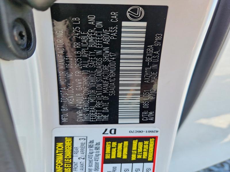 Продаж на аукціоні авто 2021 Lexus Es, vin: 58ADA1C16MU007417, номер лоту: 52021116