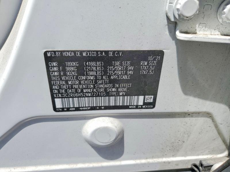 54411566 :رقم المزاد ، 3CZRU6H52NM727105 vin ، 2022 Honda Hr-v مزاد بيع