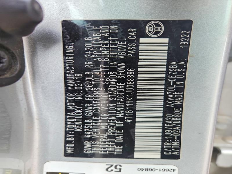 53819016 :رقم المزاد ، 4T1B11HK1JU088886 vin ، 2018 Toyota Camry مزاد بيع