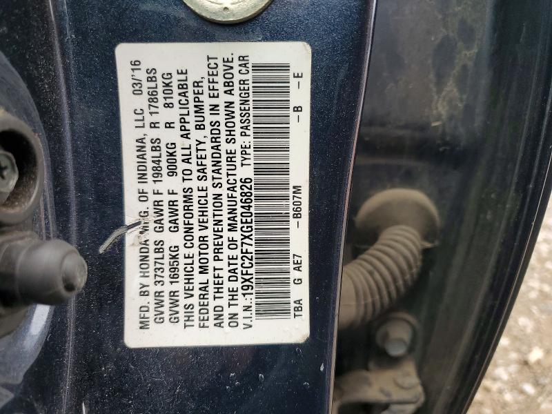 Продаж на аукціоні авто 2016 Honda Civic, vin: 19XFC2F7XGE046826, номер лоту: 55102266