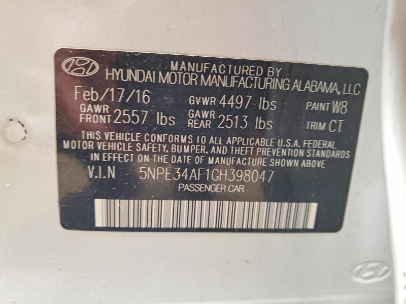 2016 Hyundai Sonata მანქანა იყიდება აუქციონზე, vin: 5NPE34AF1GH398047, აუქციონის ნომერი: 52465156