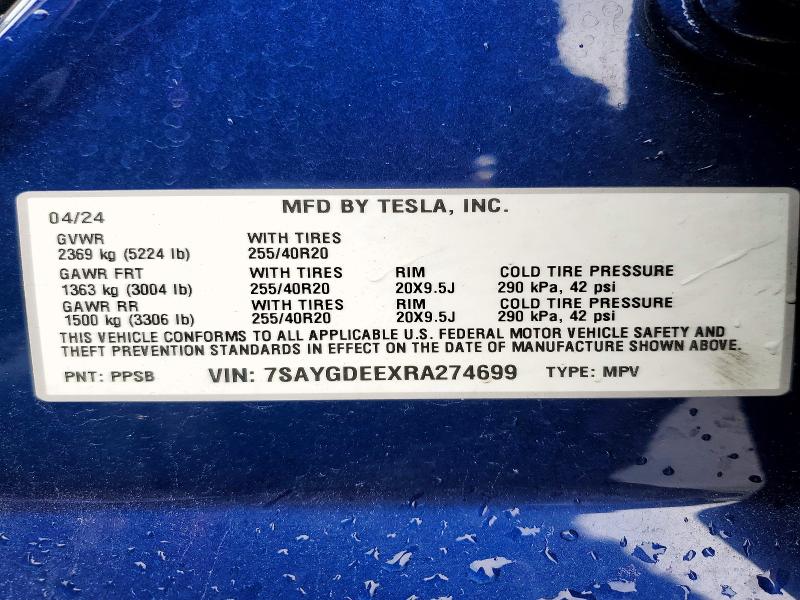2024 Tesla Model Y მანქანა იყიდება აუქციონზე, vin: 7SAYGDEEXRA274699, აუქციონის ნომერი: 52746156