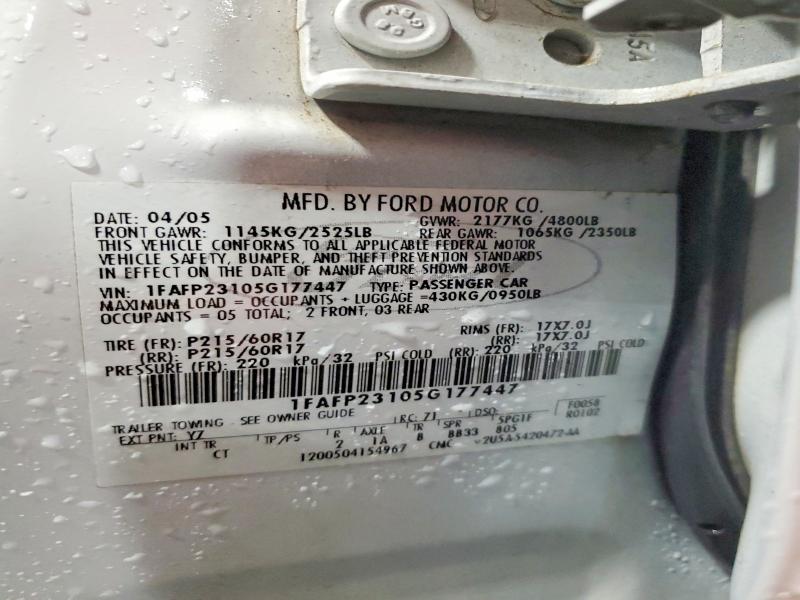 2005 Ford Five Hundred მანქანა იყიდება აუქციონზე, vin: 1FAFP23105G177447, აუქციონის ნომერი: 52847496