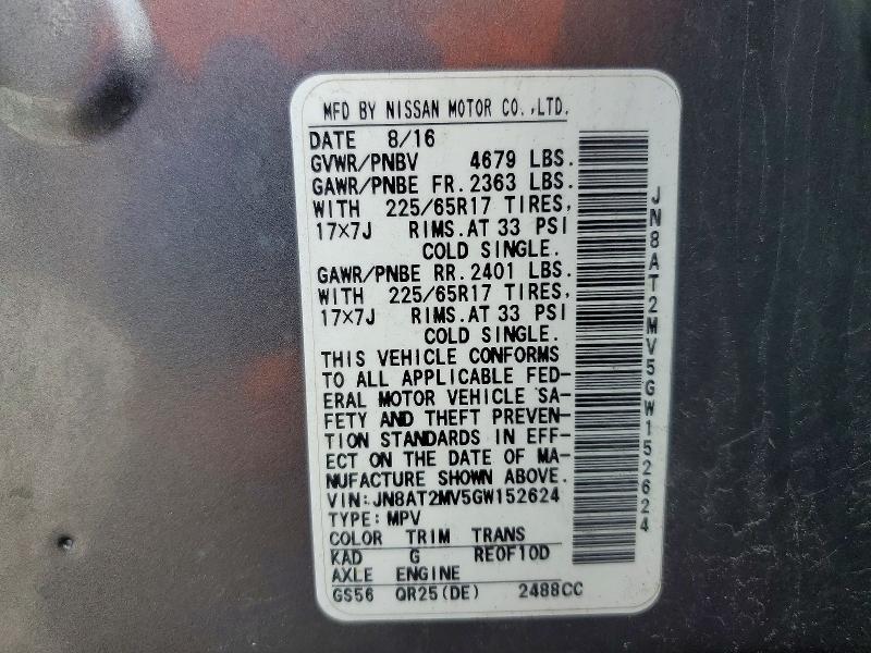 Продаж на аукціоні авто 2016 Nissan Rogue, vin: JN8AT2MV5GW152624, номер лоту: 53304786