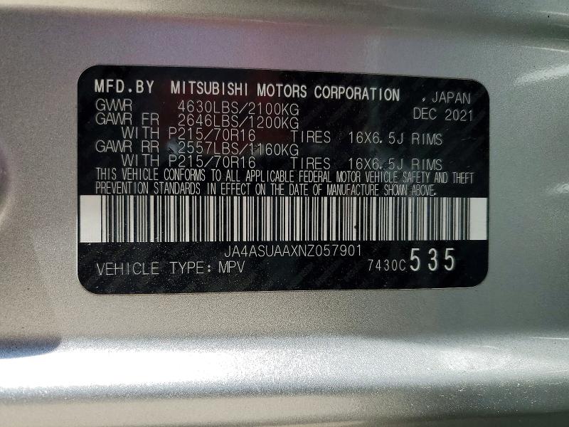 2022 Mitsubishi Eclipse Cross მანქანა იყიდება აუქციონზე, vin: JA4ASUAAXNZ057901, აუქციონის ნომერი: 54762586