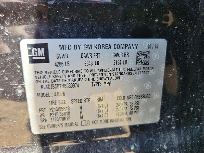 2017 Buick Encore მანქანა იყიდება აუქციონზე, vin: KL4CJBSB7HB039974, აუქციონის ნომერი: 53584796