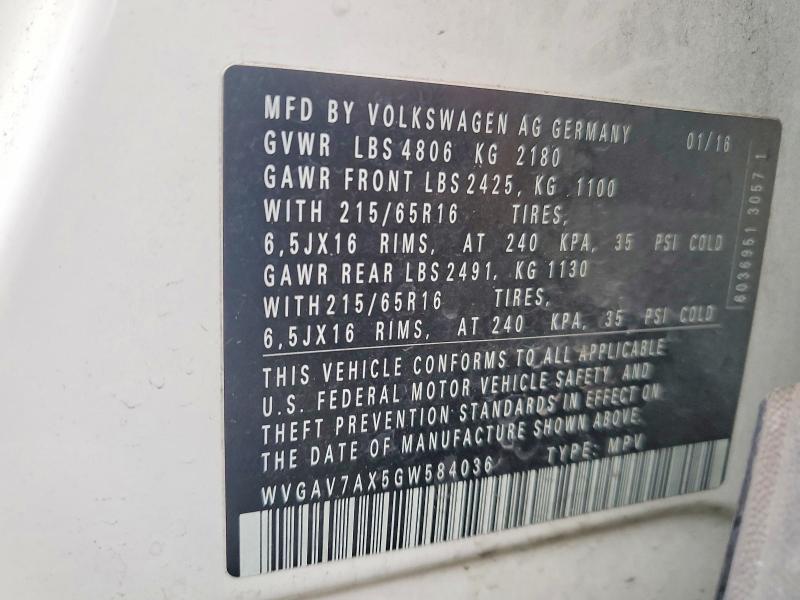 52380676 :رقم المزاد ، WVGAV7AX5GW584036 vin ، 2016 Volkswagen Tiguan مزاد بيع