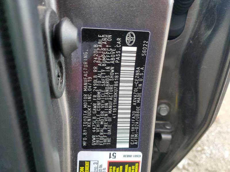 Auction sale of the 2019 Toyota Camry, vin: 4T1B11HK0KU786181, lot number: 52851566