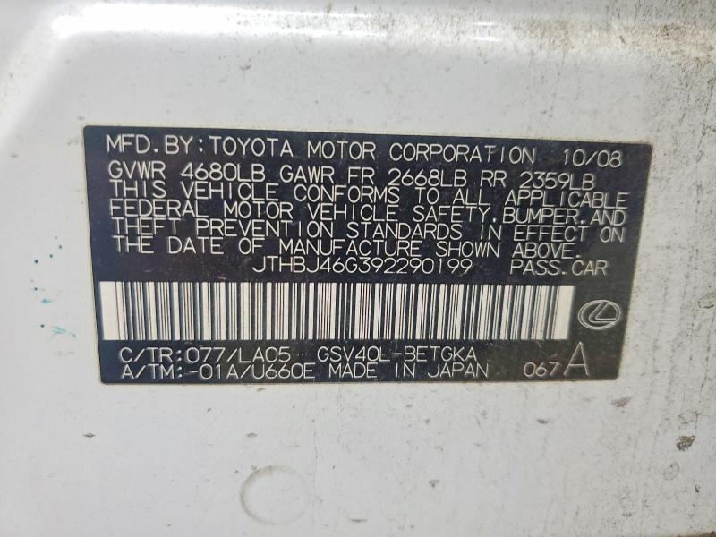Aukcja sprzedaży 2009 Lexus Es, vin: JTHBJ46G392290199, numer aukcji: 52497296