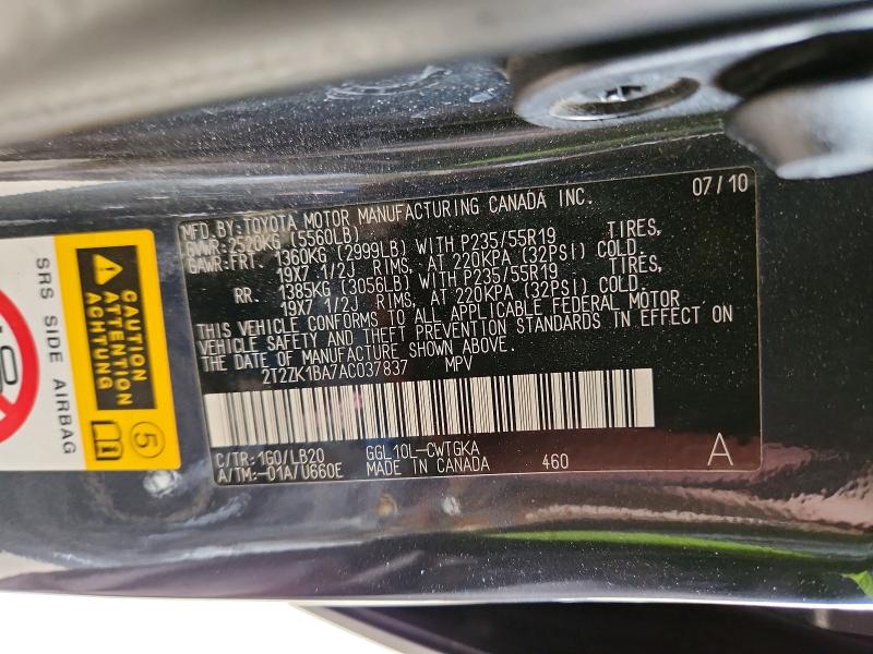 52011366 :رقم المزاد ، 2T2ZK1BA7AC037837 vin ، 2010 Lexus Rx مزاد بيع