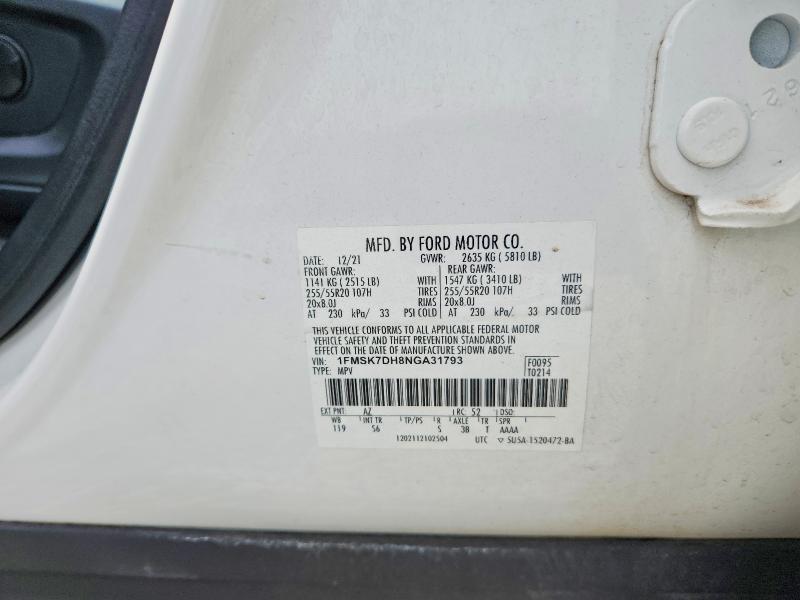 2022 Ford Explorer მანქანა იყიდება აუქციონზე, vin: 1FMSK7DH8NGA31793, აუქციონის ნომერი: 55080846