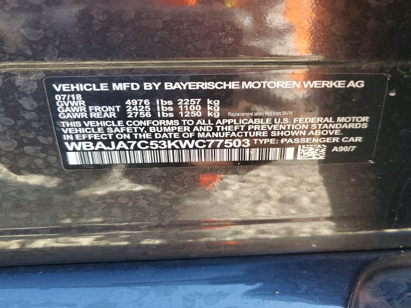 54179596 :رقم المزاد ، WBAJA7C53KWC77503 vin ، 2019 Bmw 530 مزاد بيع