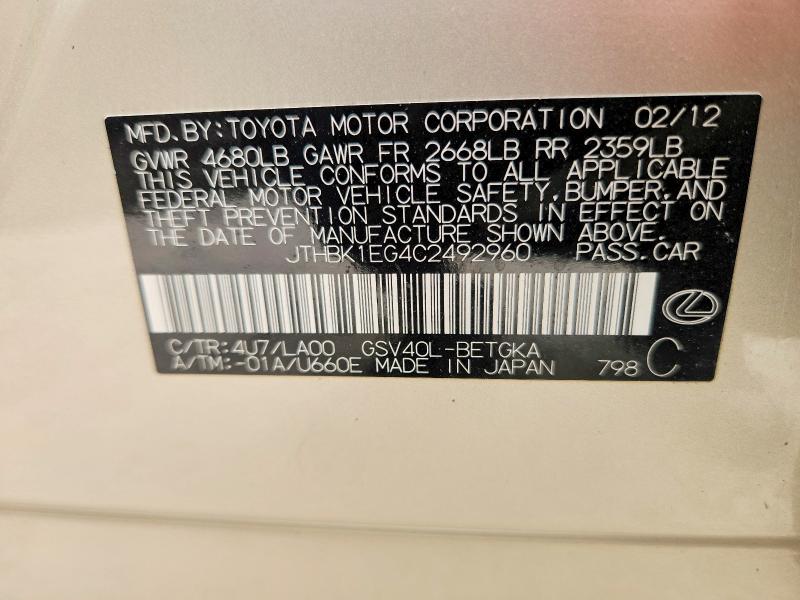 Продаж на аукціоні авто 2012 Lexus Es, vin: JTHBK1EG4C2492960, номер лоту: 52317506