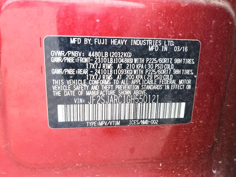 Продаж на аукціоні авто 2016 Subaru Forester, vin: JF2SJARC1GH550121, номер лоту: 55625616